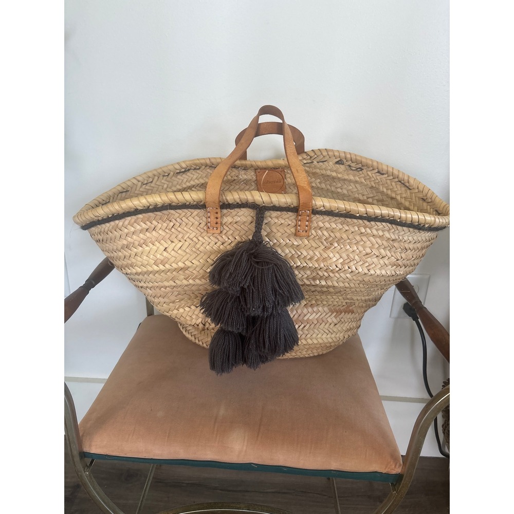 Bohemia Design Woven Straw French Market Basket Bag Leather Handles Grey Tassels